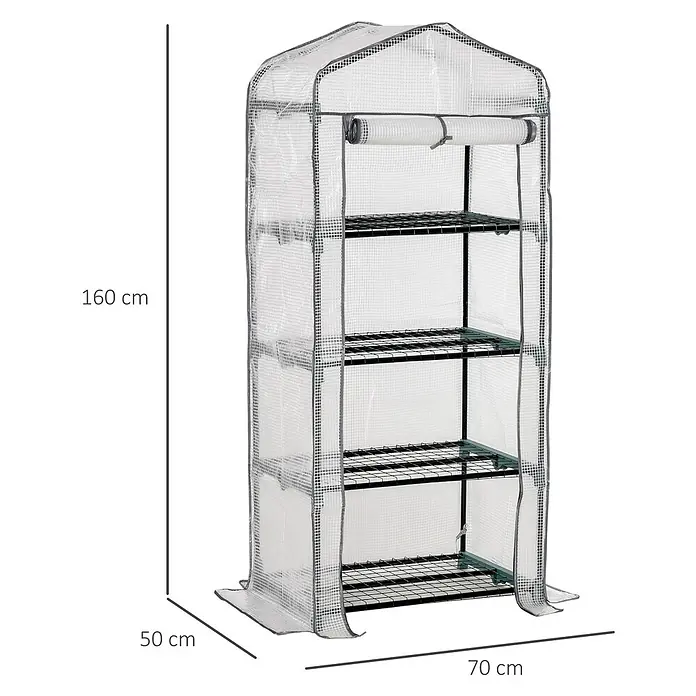 Outsunny Gewächshaus - 70 x 50 cm, Material Seitenwand: Kunststoff, 0,3 mm, Grün - Hohes Mini-Gewächshaus mit transparenter Gitterabdeckung, mehreren Metallregalen und aufrollbarer Vorderseite.