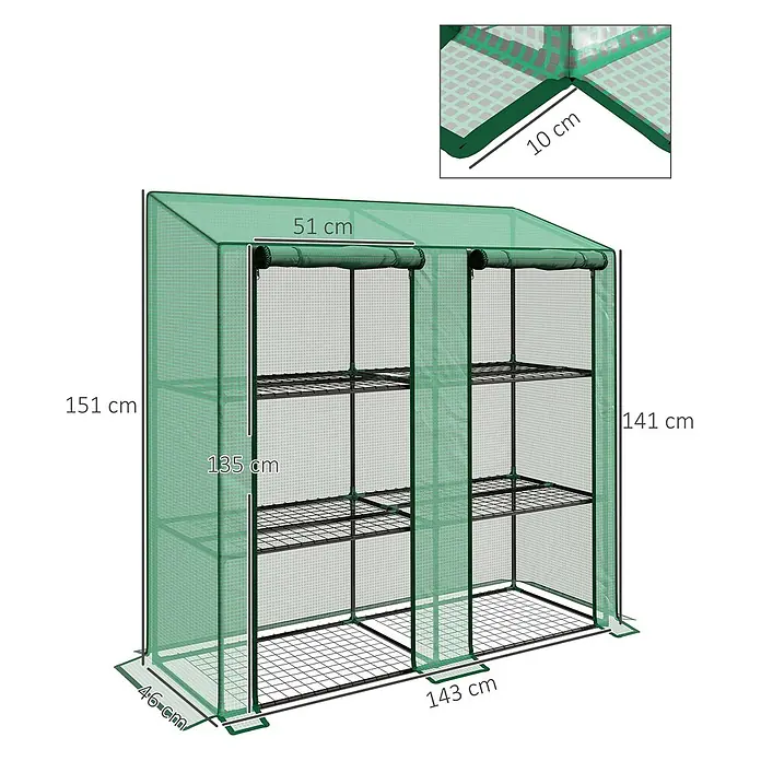 Outsunny Gewächshaus - Außenmaß inkl. Dachüberstand (B x T): 143 x 46 cm, Material Seitenwand: Kunststoff, 0,3 mm, Grün - Grünes tragbares Gewächshaus mit Metallrahmen und Drahtregalen, mit aufrollbaren Reißverschlusstüren.