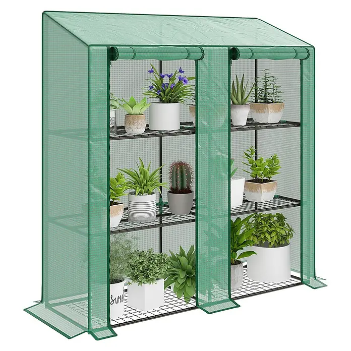 Outsunny Gewächshaus - Außenmaß inkl. Dachüberstand (B x T): 143 x 46 cm, Material Seitenwand: Kunststoff, 0,3 mm, Grün - Grünes transparentes Gewächshaus mit Reißverschluss-Rolltüren und mehreren schwarzen Drahtregalen.