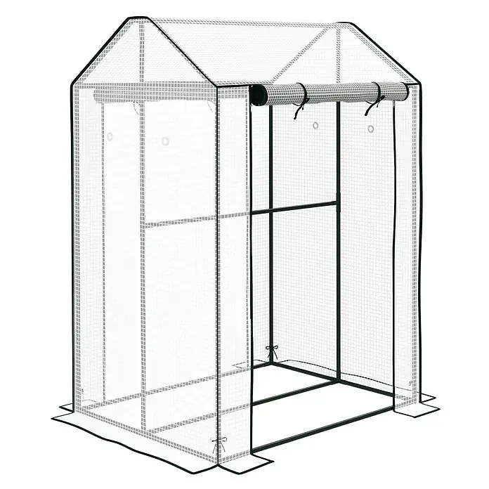 Outsunny Gewächshaus - 100 x 80 cm, Material Seitenwand: Kunststoff, 0,3 mm, Schwarz - Begehbares Gewächshaus mit transparenter, gitterverstärkter Abdeckung und dunklem Metallrahmen, mit aufrollbarer Reißverschlusstür.
