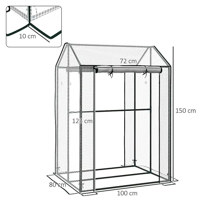 Outsunny Gewächshaus - 100 x 80 cm, Material Seitenwand: Kunststoff, 0,3 mm, Schwarz - Kleines begehbares Gewächshaus mit transparenter Gitterabdeckung und dunklem Rahmen, Maße gezeigt.