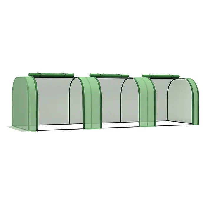 Outsunny Gewächshaus - 295 x 100 cm, Material Seitenwand: Kunststoff, 0,3 mm, Grün - Langer modularer Gewächshaustunnel mit grünem Rahmen und transparenten Maschenwänden, oben aufrollbar, für Pflanzenschutz.