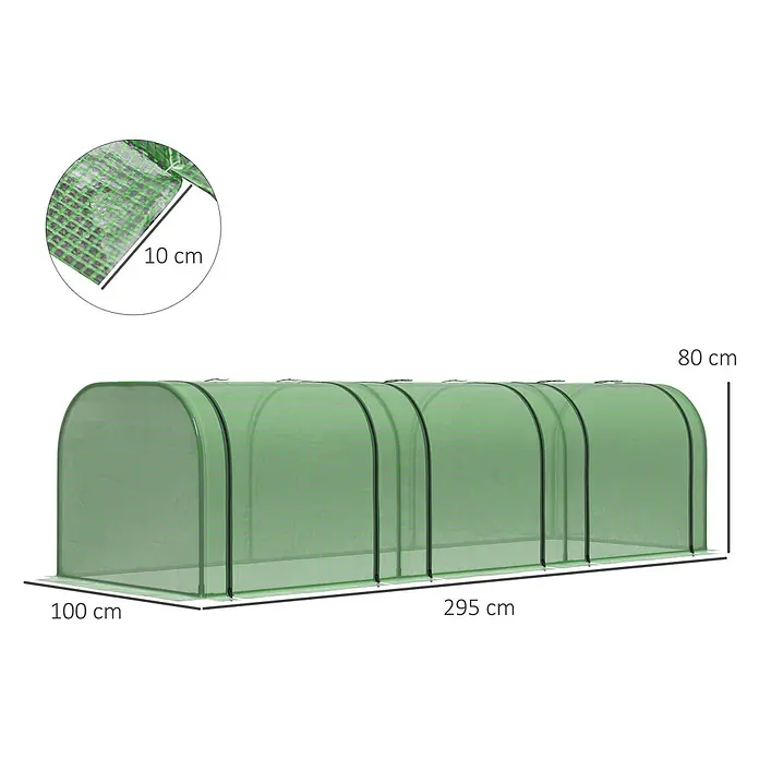 Outsunny Gewächshaus - 295 x 100 cm, Material Seitenwand: Kunststoff, 0,3 mm, Grün - Grünes Tunnel-Gewächshaus, 295x100x80 cm, mit verstärkter Gitterabdeckung, zum Pflanzenschutz.