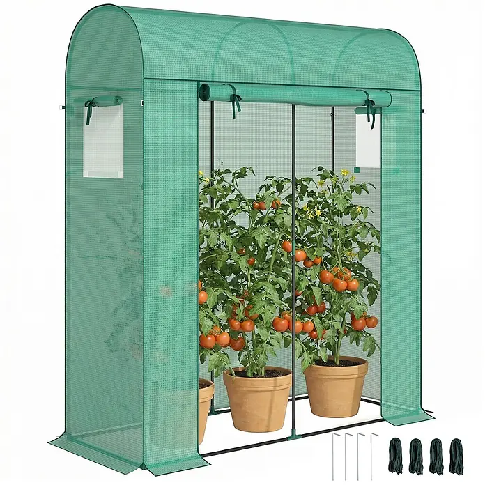 Outsunny Gewächshaus - 170 x 68 cm, Material Seitenwand: Kunststoff, 0,3 mm, Grün - Grünes, bogenförmiges Mini-Gewächshaus mit Reißverschlusstür, Fenstern und Topftomatenpflanzen. Inklusive Verankerungszubehör.