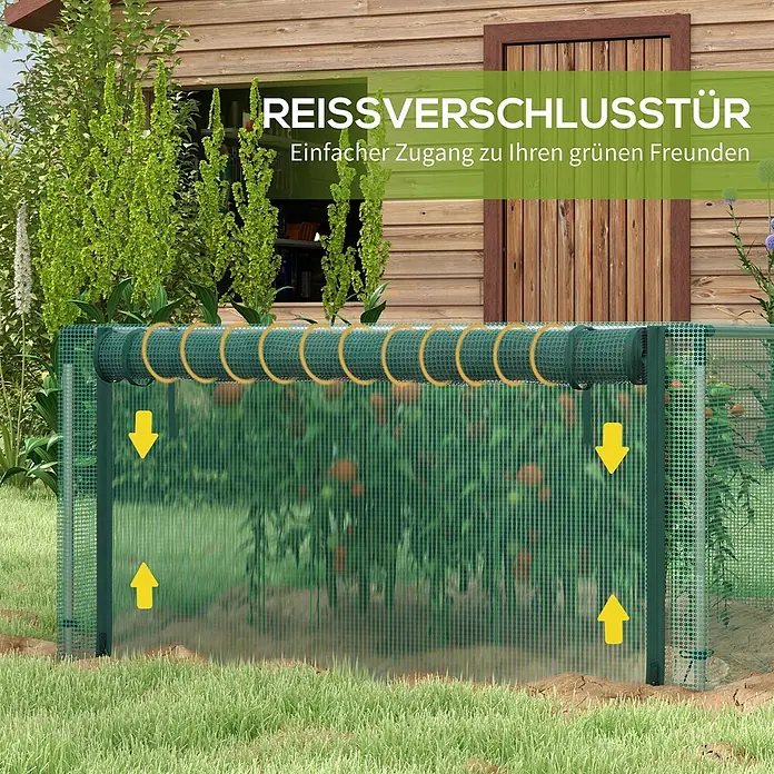 Outsunny Gewächshaus - 373 x 125 cm, Material Seitenwand: Kunststoff, 0,3 mm - Grünes Mini-Gewächshaus mit Netzabdeckung und aufrollbarer Reißverschlusstür für einfachen Zugang zu Pflanzen im Garten.
