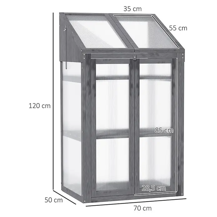 Outsunny Gewächshaus - 70 x 50 cm, Material Seitenwand: Kunststoff, 4 mm, Grau - Graues Holzgewächshaus mit transparenten Paneelen, Schrägdach, Vordertüren und Maßen.