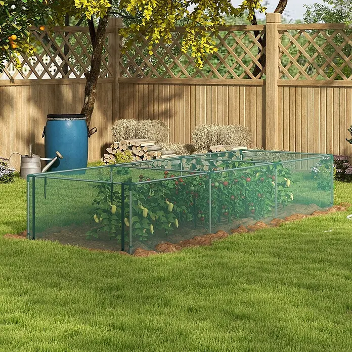 Outsunny Gewächshaus - 373 x 125 cm, Material Seitenwand: Kunststoff, 0,3 mm - Grünes Schutznetz für den Garten mit Metallstangen, das reifende Paprika und Tomaten in einem Hochbeet schützt.