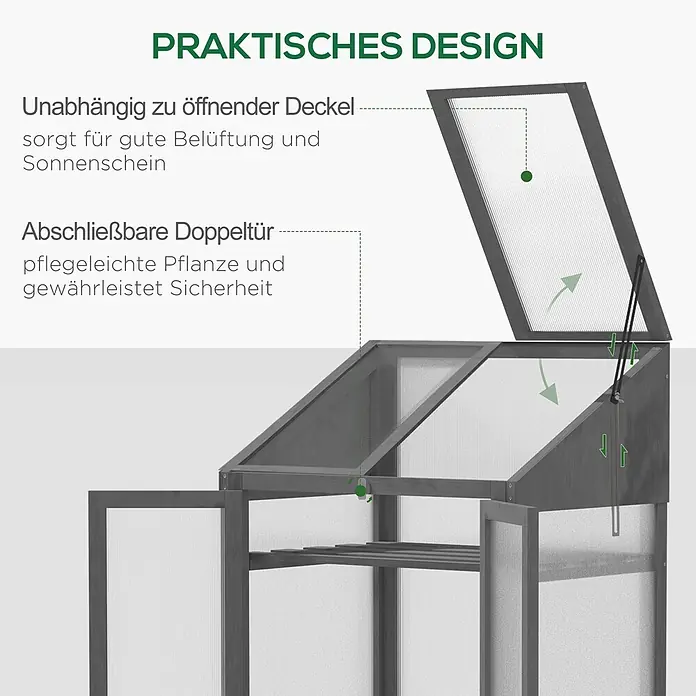 Outsunny Gewächshaus - 70 x 50 cm, Material Seitenwand: Kunststoff, 4 mm, Grau - Dunkelgraues Holzgewächshaus mit aufklappbarem Dach für Belüftung und abschließbaren Doppeltüren für Sicherheit.