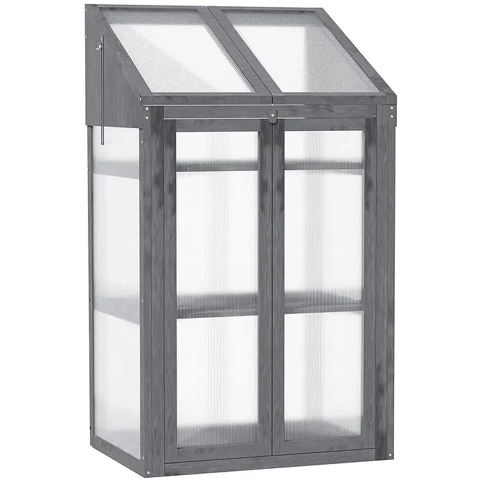 Outsunny Gewächshaus - 70 x 50 cm, Material Seitenwand: Kunststoff, 4 mm, Grau - Graues Anlehn-Gewächshaus aus Holz mit transparenten Wellplatten, zwei Türen und aufklappbaren Dachpaneelen.