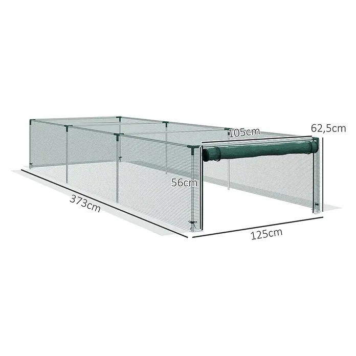 Outsunny Gewächshaus - 373 x 125 cm, Material Seitenwand: Kunststoff, 0,3 mm - Grünes Maschengitter-Gehege mit modularem Rahmen, zeigt Gesamtabmessungen von 373cm Länge, 125cm Breite und 62,5cm Höhe. Mit aufrollbarer Seite.