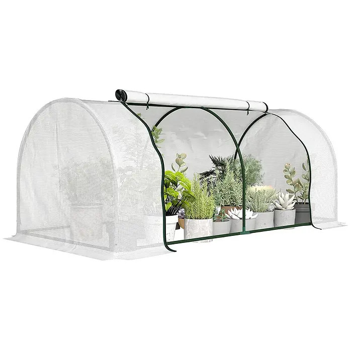 Outsunny Gewächshaus - Außenmaß inkl. Dachüberstand (B x T): 200 x 100 cm, Material Seitenwand: Kunststoff, 0,45 mm, Grün - Weißes Netz-Minigewächshaus mit grünem Rahmen, enthält diverse Topfpflanzen. Die obere Abdeckung kann hochgerollt werden.