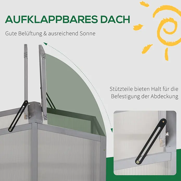 Outsunny Gewächshaus - 90 x 80 cm, Material Seitenwand: Kunststoff, 0,5 mm, Hellgrau - Aufklappbares Dach eines Frühbeets/Hochbeets aus grauem Holz und transparenten Platten, mit schwarzen Stützen zum Offenhalten.