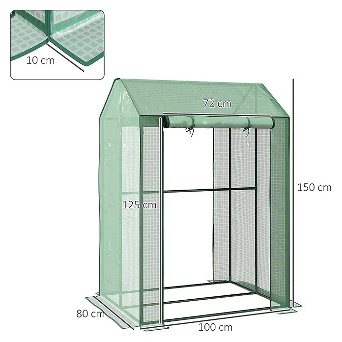 Outsunny Gewächshaus - Außenmaß inkl. Dachüberstand (B x T): 100 x 80 cm, Material Seitenwand: Kunststoff, 0,3 mm, Grün - Grünes, transparentes begehbares Gewächshaus mit Rolltür und Bodenklappe. Misst 150x100x80 cm, ideal für den Pflanzenanbau.