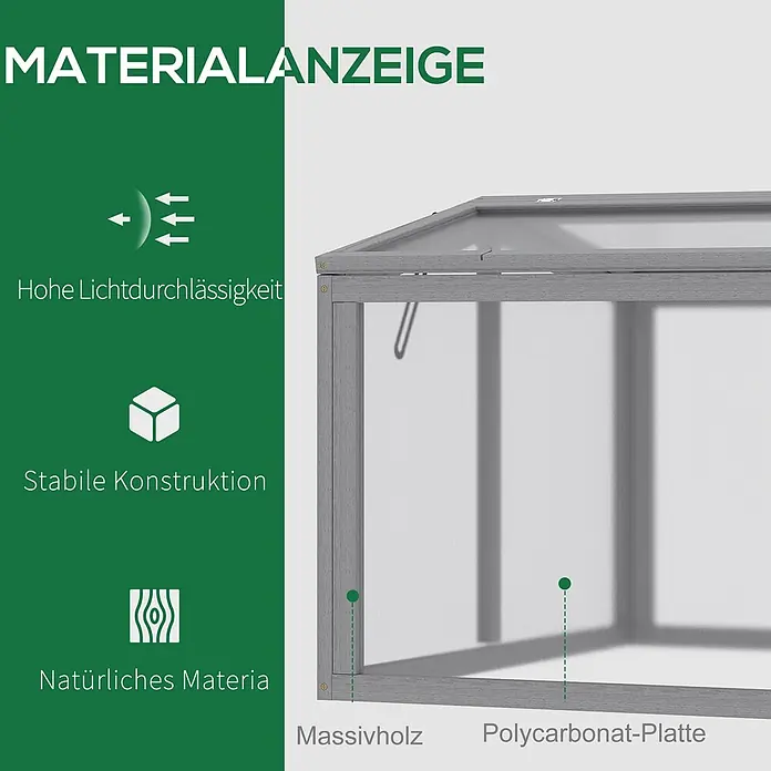 Outsunny Gewächshaus - 90 x 80 cm, Material Seitenwand: Kunststoff, 0,5 mm, Hellgrau - Mini-Gewächshaus mit grauem Massivholzrahmen und transparenten Polycarbonatplatten, Materialdetails.