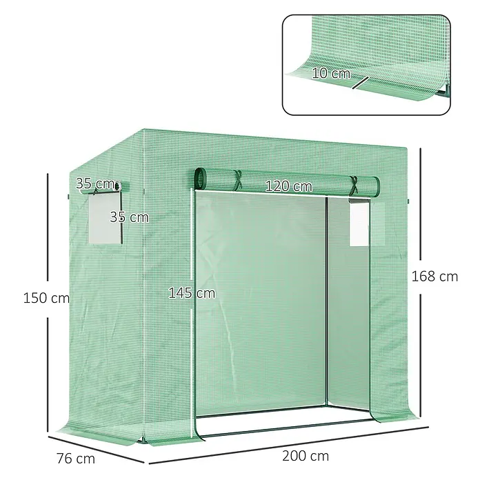 Outsunny Gewächshaus - 200 x 76 cm, Material Seitenwand: Kunststoff, 0,3 mm, Dunkelgrün - Grünes begehbares Gewächshaus mit Gitterbezug und Maßen, mit Rolltür und Fenstern.