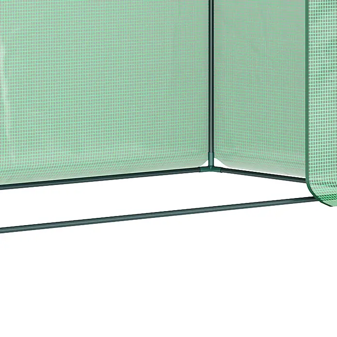 Outsunny Gewächshaus - 200 x 76 cm, Material Seitenwand: Kunststoff, 0,3 mm, Dunkelgrün - Teilansicht eines kleinen Gewächshauses. Mit durchscheinender grüner Gitterabdeckung über dunkelgrünen Metallstangen und Verbindungsstücken.
