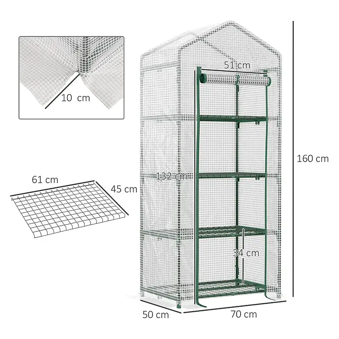 Outsunny Gewächshaus - 70 x 50 cm, Material Seitenwand: Kunststoff, 0,3 mm, Grün - Mini-Gewächshaus mit transparenter Abdeckung, grünem Rahmen und 4 Regalen, Gesamtmaße 70x50x160 cm.