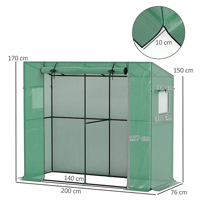 Outsunny Gewächshaus - 200 x 76 cm, Material Seitenwand: Kunststoff, 0,3 mm, Dunkelgrün - Grünes begehbares Gewächshaus, 200x76x170cm, mit Rolltür und Fenster, bemaßt.