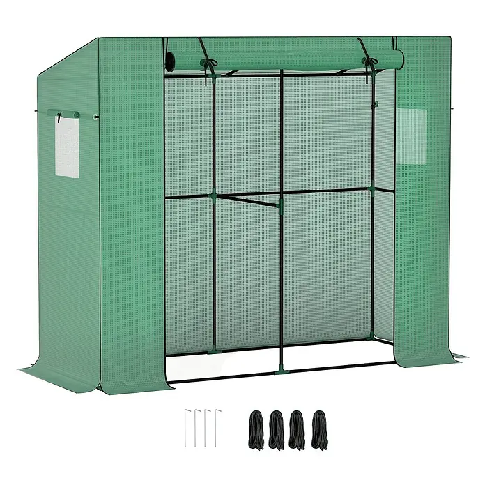 Outsunny Gewächshaus - 200 x 76 cm, Material Seitenwand: Kunststoff, 0,3 mm, Dunkelgrün - Grünes, tragbares Gewächshaus mit aufrollbarer Front, Seitenfenstern, schwarzem Metallrahmen, Erdspießen und Seilen.