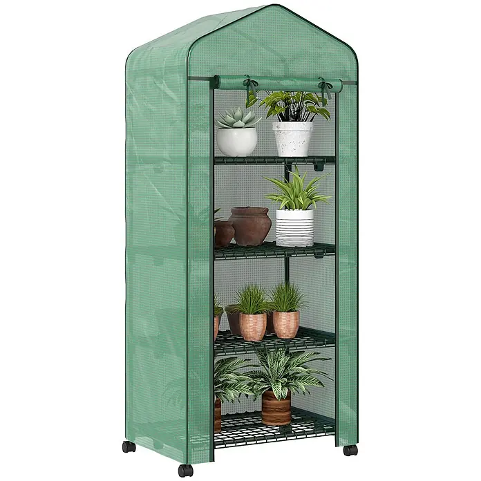 Outsunny Gewächshaus - 69 x 50 cm, Material Seitenwand: Kunststoff, 0,3 mm, Grün - Grünes, tragbares Minigewächshaus mit 5 Regalen, transluzenter Stoffhülle und Rollen, gefüllt mit Topfpflanzen.