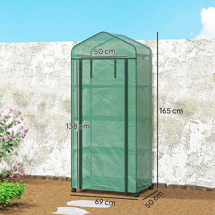Outsunny Gewächshaus - 69 x 50 cm, Material Seitenwand: Kunststoff, 0,3 mm, Grün - Kompaktes, grünes Stoffgewächshaus mit Rollen für den Pflanzenanbau im Freien. Maße: 165 cm hoch, 69 cm breit, 50 cm tief.
