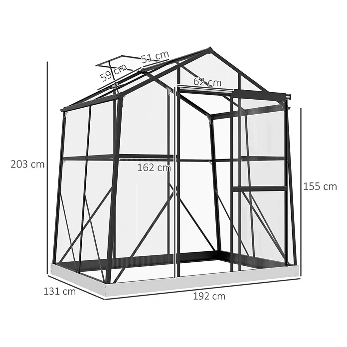Outsunny Gewächshaus - 192 x 131 cm, Material Seitenwand: Kunststoff, 0,3 mm, Schwarz - Schwarzes Aluminium-Gewächshaus mit transparenten Polycarbonatplatten und detaillierten Maßen.