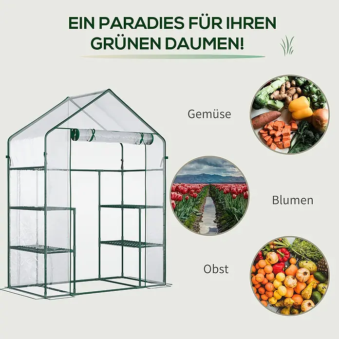 Outsunny Gewächshaus - 142 x 73 cm, Material Seitenwand: Kunststoff, 0,1 mm, Grün - Gewächshaus mit grünem Rahmen, transparenter Abdeckung und Regalen für Gemüse, Blumen und Obst.