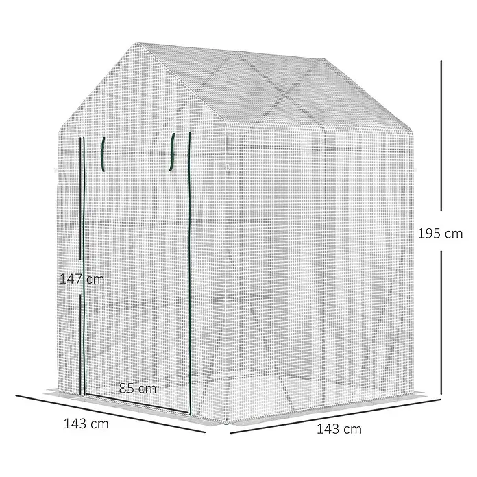 Outsunny Gewächshaus - 143 x 143 cm, Material Seitenwand: Kunststoff, 0,3 mm, Schwarz - Weißes begehbares Netz-Gewächshaus mit grünem Reißverschluss, Maße 143x143x195 cm (LxBxH).