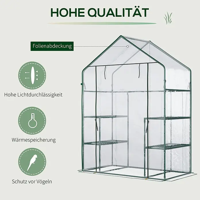 Outsunny Gewächshaus - 142 x 73 cm, Material Seitenwand: Kunststoff, 0,1 mm, Grün - Ein kleines, transparentes begehbares Gewächshaus mit grünem Metallrahmen und Innenregalen.