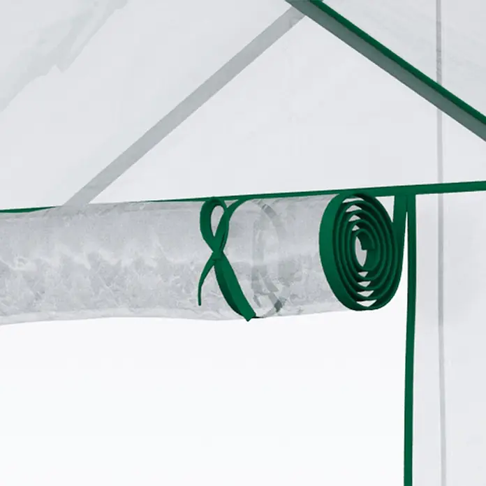 Outsunny Gewächshaus - 142 x 73 cm, Material Seitenwand: Kunststoff, 0,1 mm, Grün - Gerollte, durchsichtige Gewächshaustür mit grünem Rahmen und Band.