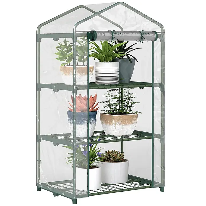 Outsunny Gewächshaus - 69 x 49 cm, Material Seitenwand: Kunststoff, 0,3 mm, Grün - Grünes 3-stöckiges Mini-Gewächshaus mit transparenter Kunststoffabdeckung und Pflanzen.