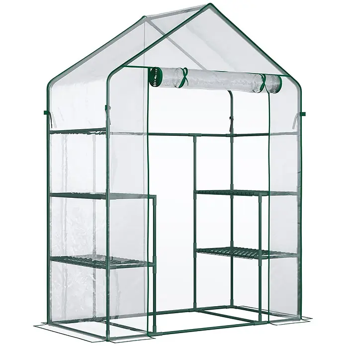 Outsunny Gewächshaus - 142 x 73 cm, Material Seitenwand: Kunststoff, 0,1 mm, Grün - Kleines Gewächshaus mit transparenter Kunststoffabdeckung, grünem Metallgestell und mehreren Regalen.
