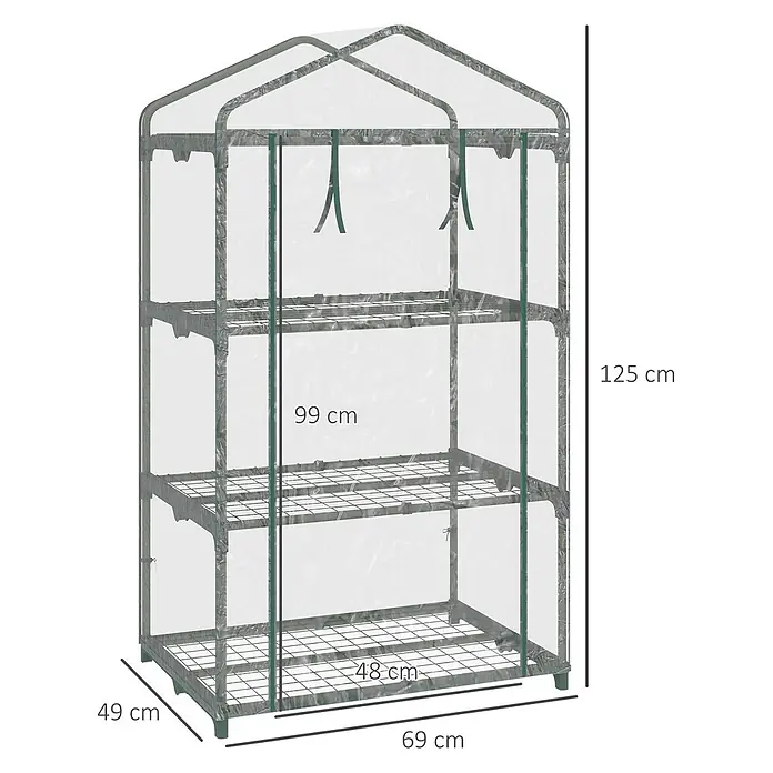 Outsunny Gewächshaus - 69 x 49 cm, Material Seitenwand: Kunststoff, 0,3 mm, Grün - Transparentes Mini-Gewächshaus mit drei Gitterregalen und dunkelgrünem Metallrahmen, 69x49x125 cm.