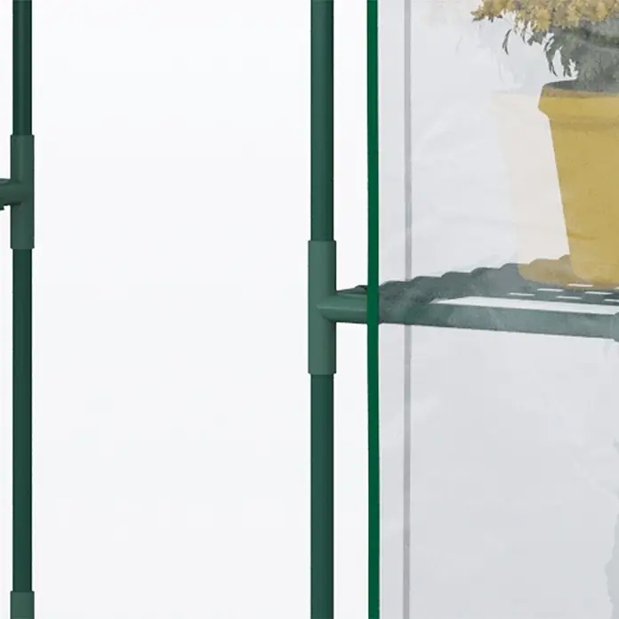 Outsunny Gewächshaus - 142 x 73 cm, Material Seitenwand: Kunststoff, 0,1 mm, Grün - Nahaufnahme eines Mini-Gewächshauses mit grünem Metallrahmen, transparenter Abdeckung und gelber Topfpflanze auf einem Regal.