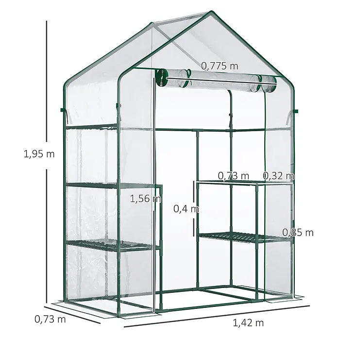Outsunny Gewächshaus - 142 x 73 cm, Material Seitenwand: Kunststoff, 0,1 mm, Grün - Gewächshaus mit grünem Rahmen, transparenter Abdeckung und Ablagen, Maße angegeben.