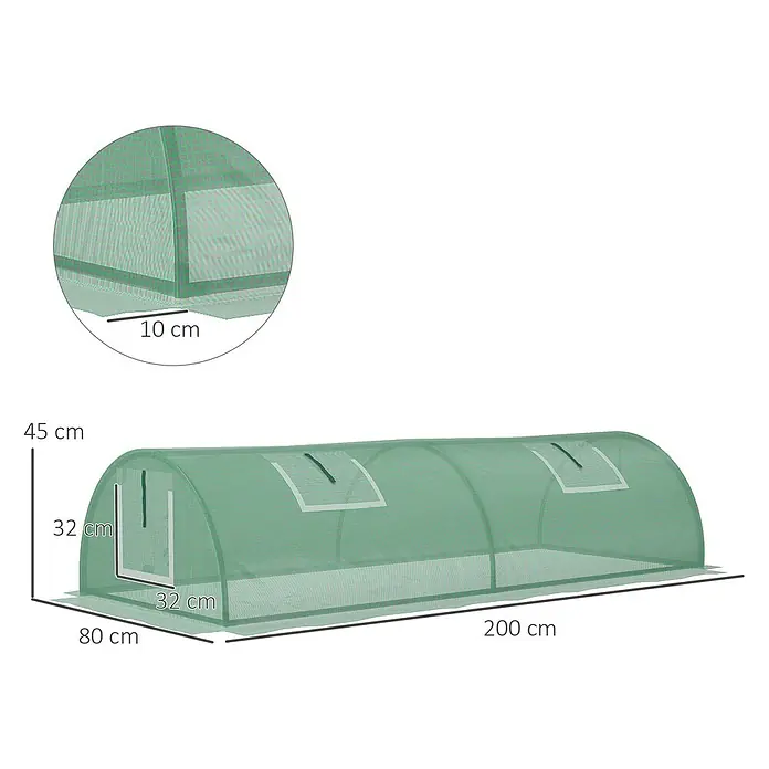 Outsunny Gewächshaus - 200 x 80 cm, Material Seitenwand: Kunststoff, 0,3 mm, Grün - Grüner Netz-Gärtnertunnel mit Fenstern, Tür und Maßen von 200x80x45 cm.