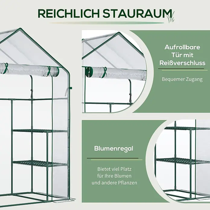 Outsunny Gewächshaus - 142 x 73 cm, Material Seitenwand: Kunststoff, 0,1 mm, Grün - Grünes, transparentes Mini-Gewächshaus mit mehreren Ablagen und aufrollbarer Reißverschlusstür.