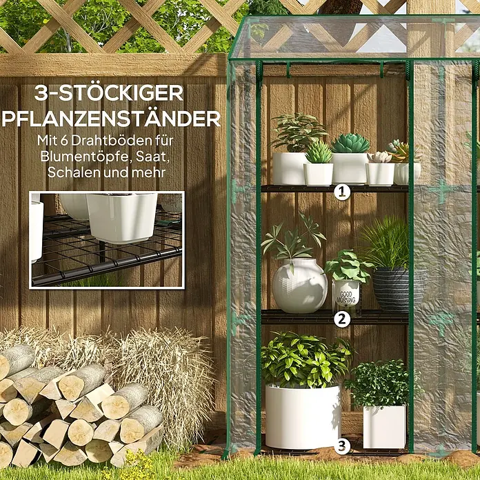 Outsunny Gewächshaus - 143 x 46 cm, Material Seitenwand: Kunststoff, 0,3 mm, Schwarz - 3-stöckiger Pflanzenständer mit 6 schwarzen Drahtböden in einem durchsichtigen Mini-Gewächshaus mit verschiedenen Topfpflanzen.