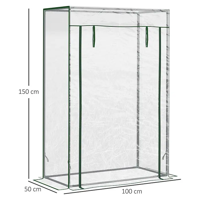 Outsunny Gewächshaus - 100 x 50 cm, Material Seitenwand: Kunststoff, 0,1 mm, Grün - Transparentes Gewächshaus mit grünem Rahmen, 150 cm hoch, 100 cm breit, 50 cm tief.