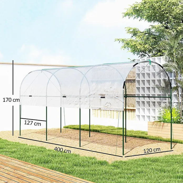 Outsunny Gewächshaus - Außenmaß inkl. Dachüberstand (B x T): 123 x 400 cm, Material Seitenwand: Kunststoff, 0,3 mm, Dunkelgrün - Folientunnel-Gewächshaus mit transparenter Abdeckung und grünem Metallrahmen im Garten. Maße: 170cm H, 120cm B, 400cm L.