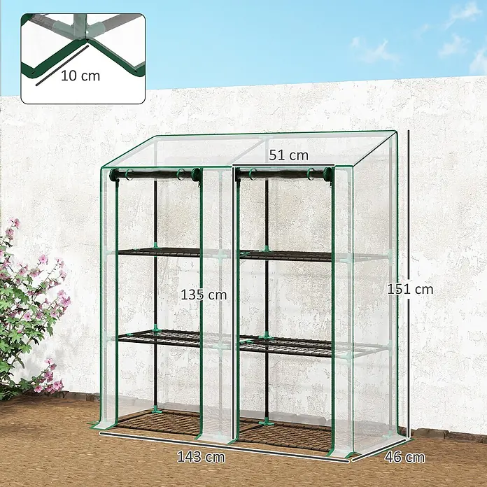 Outsunny Gewächshaus - 143 x 46 cm, Material Seitenwand: Kunststoff, 0,3 mm, Schwarz - Transparentes Doppelgewächshaus mit grünem Rahmen und mehreren Regalen, mit Maßen dargestellt.