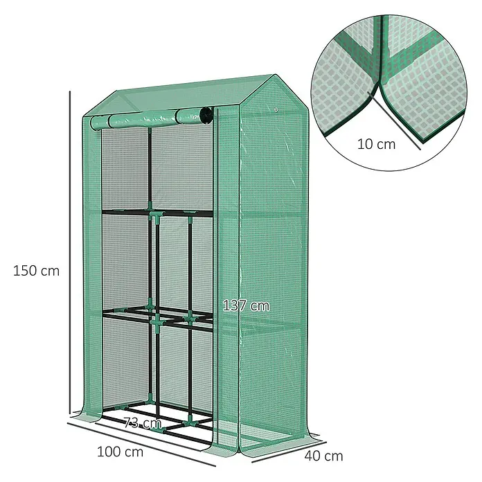 Outsunny Gewächshaus - 100 x 40 cm, Material Seitenwand: Kunststoff, 0,3 mm, Dunkelgrau - Hohes grünes Mini-Gewächshaus mit transparenter Abdeckung, internen Regalen und 10 cm überlappendem Türverschluss.