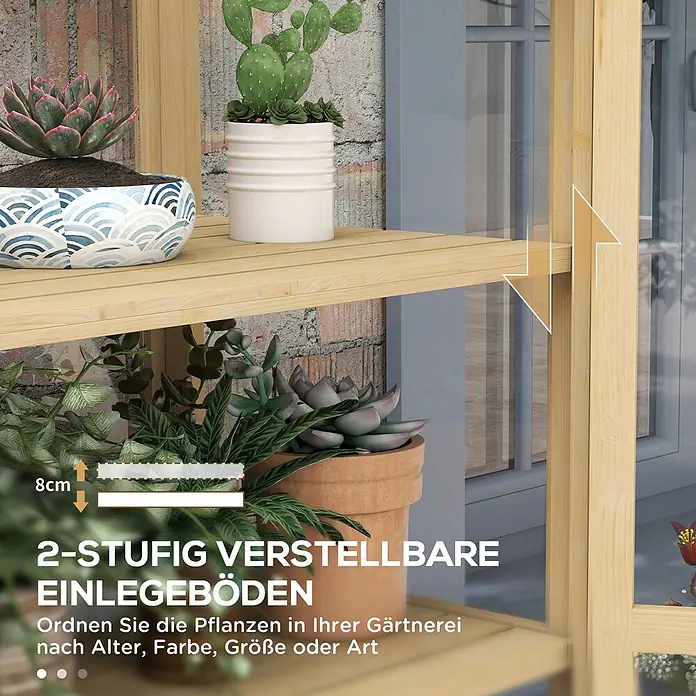 Outsunny Gewächshaus - Außenmaß inkl. Dachüberstand (B x T): 100 x 56,5 cm, Material Seitenwand: Kunststoff, 0,8 mm, Naturholz - Verstellbare Holzregalböden (8 cm) für Pflanzen. Ermöglichen eine flexible Anordnung der Pflanzen.