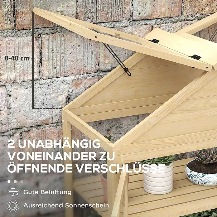 Outsunny Gewächshaus - Außenmaß inkl. Dachüberstand (B x T): 100 x 56,5 cm, Material Seitenwand: Kunststoff, 0,8 mm, Naturholz - Hölzernes Frühbeet mit zwei unabhängig voneinander verstellbaren Deckeln (0-40cm) für optimale Belüftung und Sonneneinstrahlung für Pflanzen.