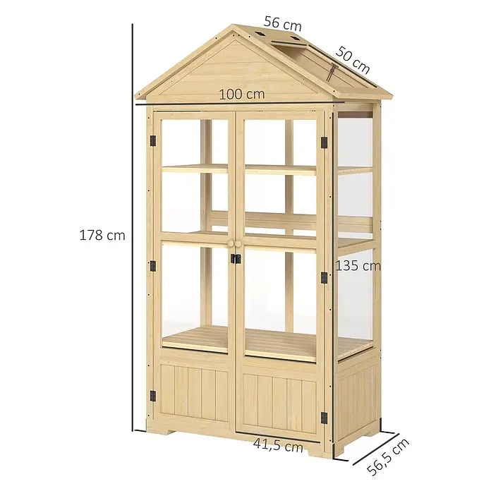 Outsunny Gewächshaus - Außenmaß inkl. Dachüberstand (B x T): 100 x 56,5 cm, Material Seitenwand: Kunststoff, 0,8 mm, Naturholz - Helles Holz Gewächshausschrank mit Glaspaneelen und schrägem Dach, Maße angezeigt.