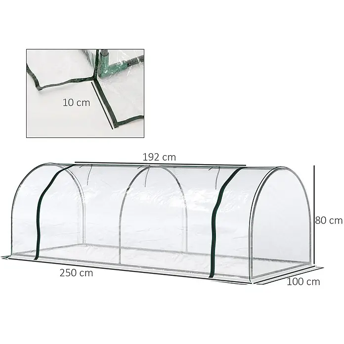 Outsunny Gewächshaus - 250 x 100 cm, Material Seitenwand: Kunststoff, 0,3 mm, Dunkelgrün - Transparentes Tunnelgewächshaus mit grünen Akzenten, zeigt Länge, Breite und Höhe.
