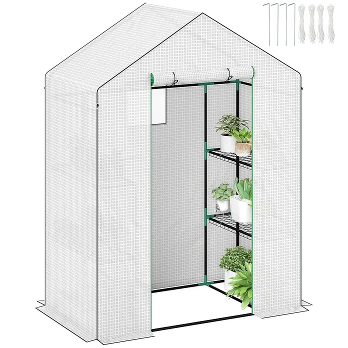 Outsunny Gewächshaus - Außenmaß inkl. Dachüberstand (B x T): 143 x 74 cm, Material Seitenwand: Kunststoff, 0,3 mm, Schwarz - Tragbares begehbares Gewächshaus mit weißer Gitterabdeckung, grün/schwarzem Rahmen und Regalen für Pflanzen. Erdspieße und Seile enthalten.