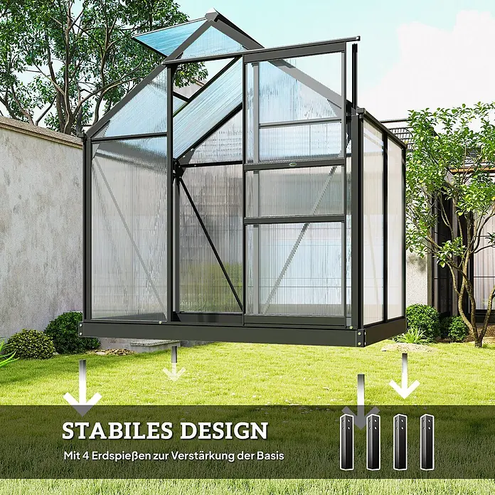 Outsunny Gewächshaus - Außenmaß inkl. Dachüberstand (B x T): 190 x 132 cm, Material Seitenwand: Kunststoff, 4 mm, Grau - Gewächshaus mit dunklem Rahmen und transparenten Platten im Garten, mit 4 Erdspießen zur Basisverstärkung.