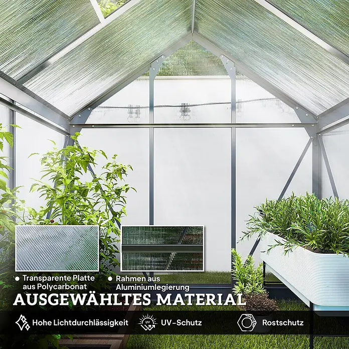 Outsunny Gewächshaus - Außenmaß inkl. Dachüberstand (B x T): 190 x 132 cm, Material Seitenwand: Kunststoff, 4 mm, Grau - Gewächshaus-Innenraum aus transparenten Polycarbonatplatten und Aluminiumrahmen mit Pflanzen. Betont UV- und Rostschutz.