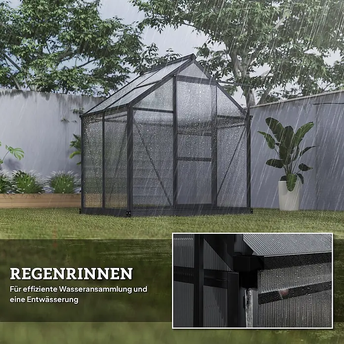 Outsunny Gewächshaus - Außenmaß inkl. Dachüberstand (B x T): 190 x 132 cm, Material Seitenwand: Kunststoff, 4 mm, Grau - Dunkelgraues Gewächshaus mit lichtdurchlässigen Platten, im Regen, mit integrierten Regenrinnen zur Wassersammlung.